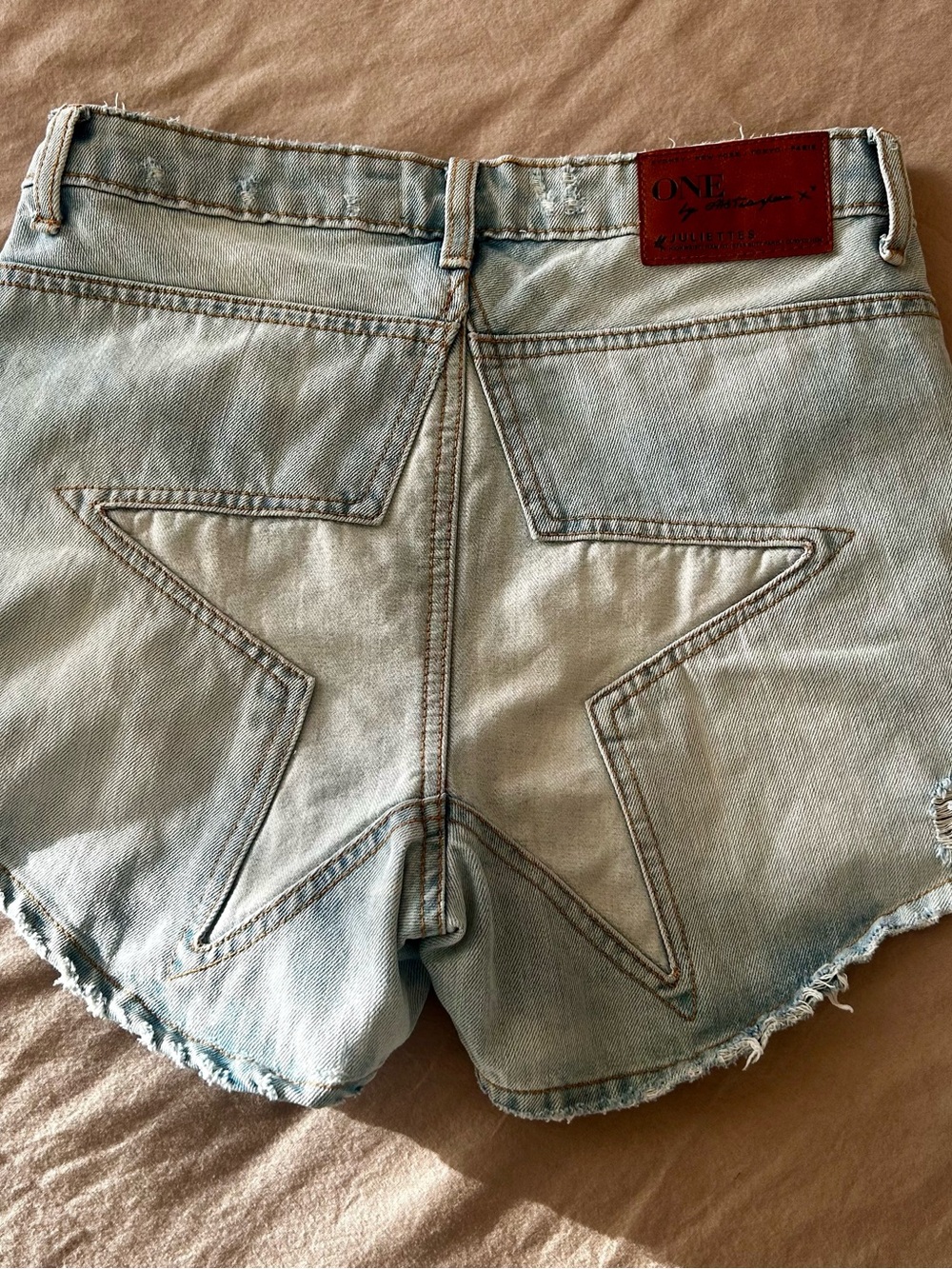 One Teaspoon Light Blue Star Embroidered Denim Shorts